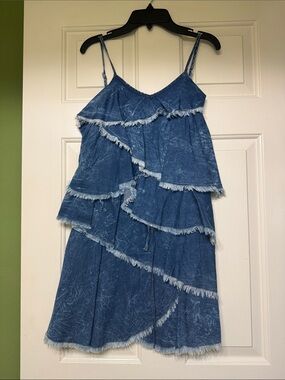 Ooh! La, La! Couture Blue Denim-Look Tiered Fringe Mini Dress